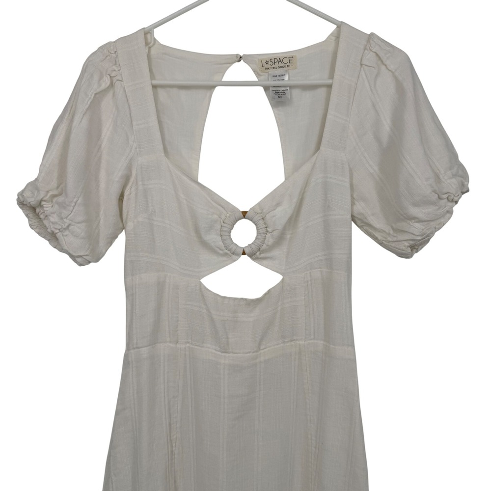 L*Space Midi Dress Womens S White‎ Linen Blend Cutout Open Back Puff Slit Rush